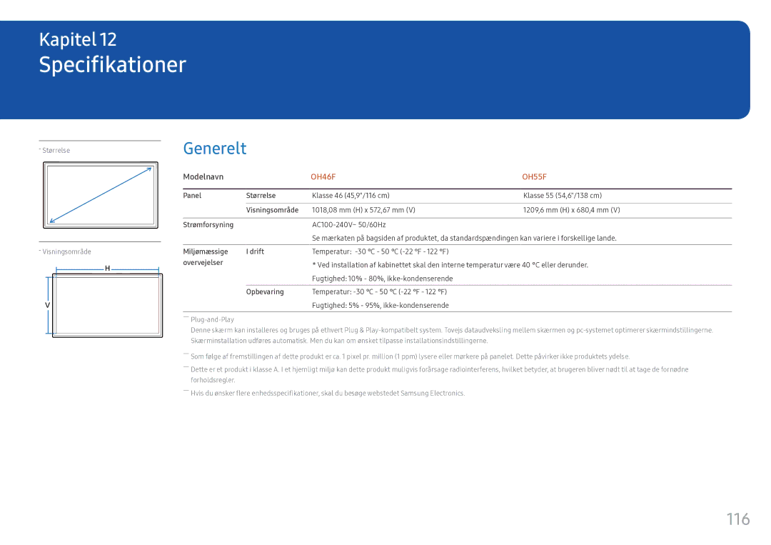 Samsung LH46OHFPKBC/EN, LH55OHFPKBC/EN, LH55OHFPVBC/EN manual Specifikationer, Generelt, 116, Modelnavn 