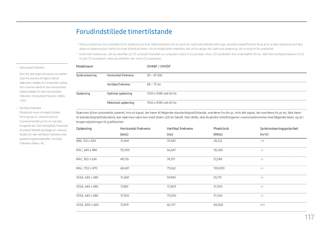 Samsung LH55OHFPKBC/EN, LH55OHFPVBC/EN, LH46OHFPKBC/EN manual Forudindstillede timertilstande, 117, Modelnavn OH46F / OH55F 