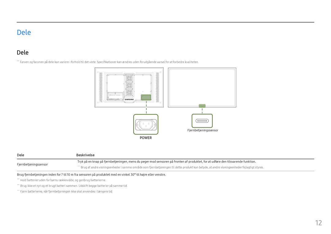 Samsung LH55OHFPKBC/EN, LH55OHFPVBC/EN, LH46OHFPKBC/EN manual Dele Beskrivelse, Fjernbetjeningssensor 