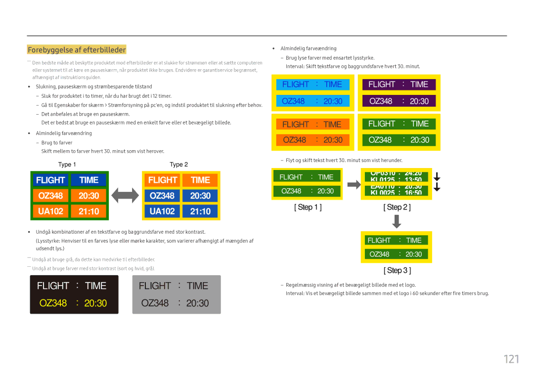 Samsung LH55OHFPVBC/EN manual 121, Forebyggelse af efterbilleder, ‒‒ Flyt og skift tekst hvert 30. minut som vist herunder 