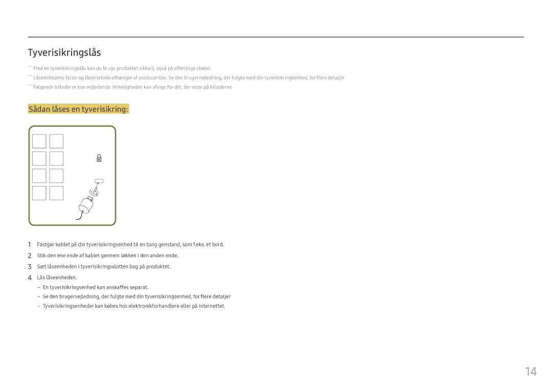 Samsung LH46OHFPKBC/EN, LH55OHFPKBC/EN, LH55OHFPVBC/EN manual Tyverisikringslås, Sådan låses en tyverisikring 