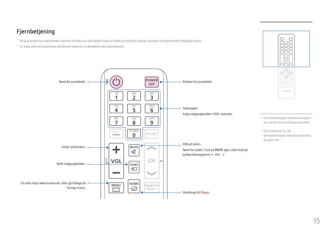 Samsung LH55OHFPKBC/EN, LH55OHFPVBC/EN, LH46OHFPKBC/EN manual Fjernbetjening, Vol 