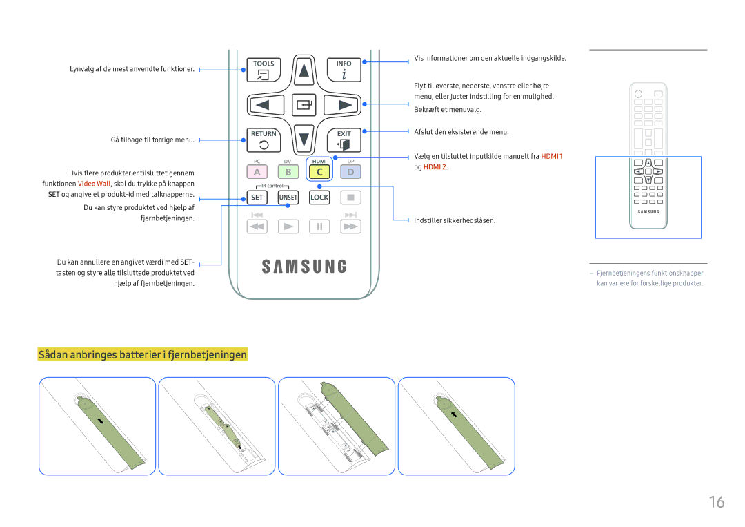 Samsung LH55OHFPVBC/EN, LH55OHFPKBC/EN, LH46OHFPKBC/EN manual Sådan anbringes batterier i fjernbetjeningen, C D 