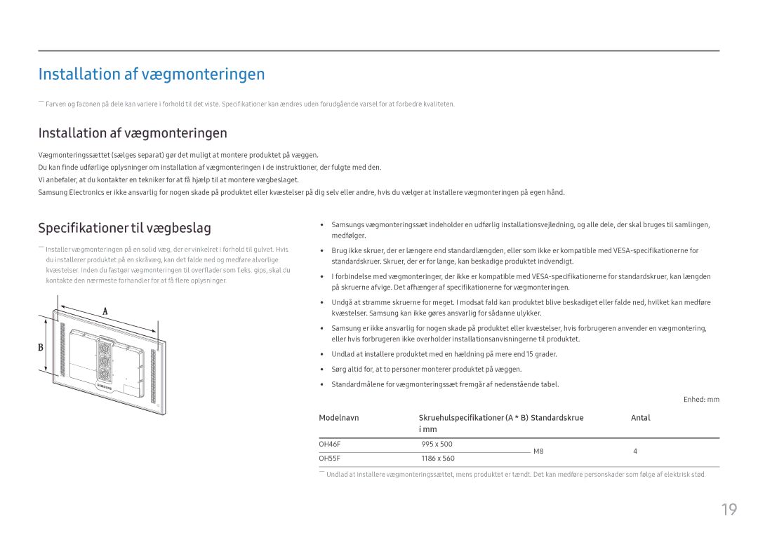 Samsung LH55OHFPVBC/EN, LH55OHFPKBC/EN, LH46OHFPKBC/EN manual Installation af vægmonteringen, Specifikationer til vægbeslag 