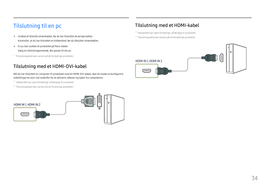 Samsung LH55OHFPVBC/EN manual Tilslutning til en pc, Tilslutning med et HDMI-DVI-kabel, Tilslutning med et HDMI-kabel 