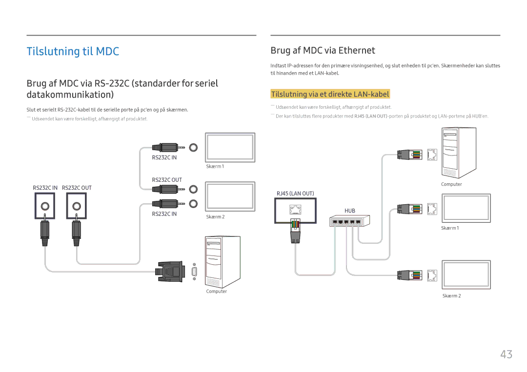 Samsung LH55OHFPVBC/EN, LH55OHFPKBC/EN Tilslutning til MDC, Brug af MDC via Ethernet, Tilslutning via et direkte LAN-kabel 