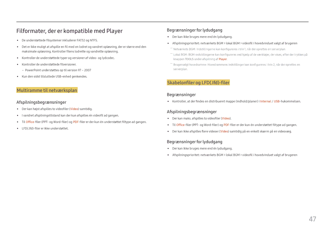 Samsung LH46OHFPKBC/EN, LH55OHFPKBC/EN manual Filformater, der er kompatible med Player, Multiramme til netværksplan 