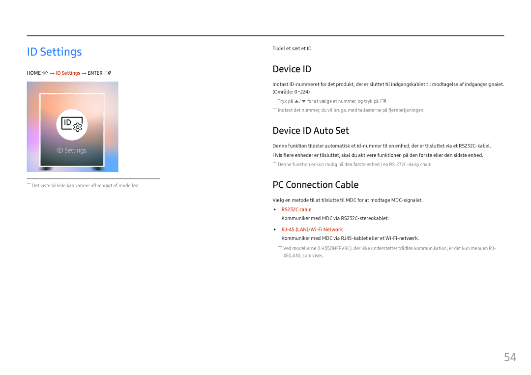 Samsung LH55OHFPKBC/EN, LH55OHFPVBC/EN, LH46OHFPKBC/EN manual ID Settings, Device ID Auto Set, PC Connection Cable 