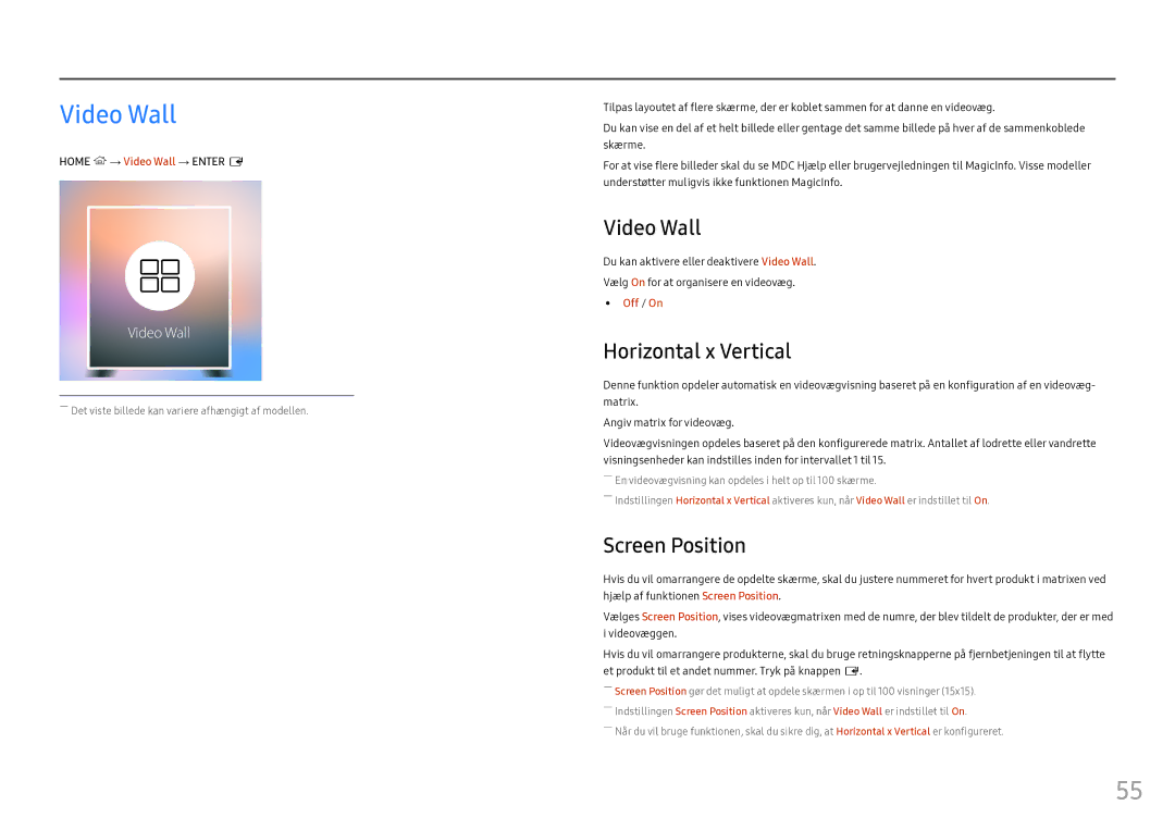 Samsung LH55OHFPVBC/EN, LH55OHFPKBC/EN, LH46OHFPKBC/EN manual Video Wall, Horizontal x Vertical, Screen Position 