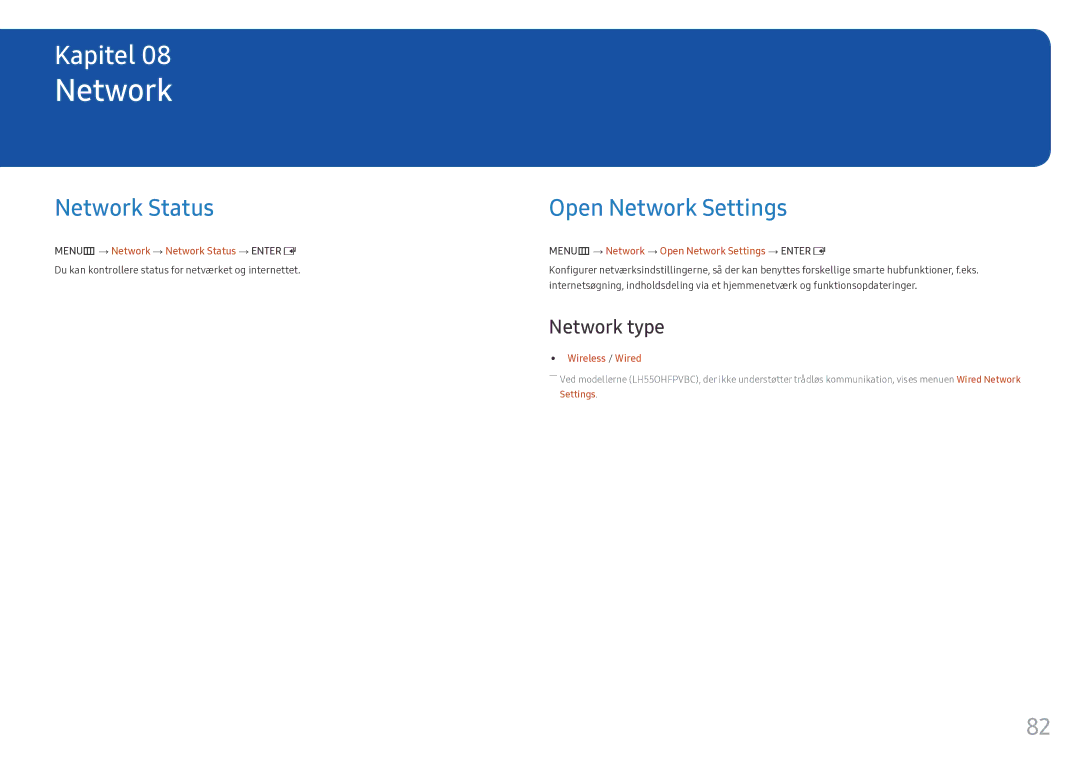 Samsung LH55OHFPVBC/EN, LH55OHFPKBC/EN, LH46OHFPKBC/EN manual Open Network Settings, Network type 