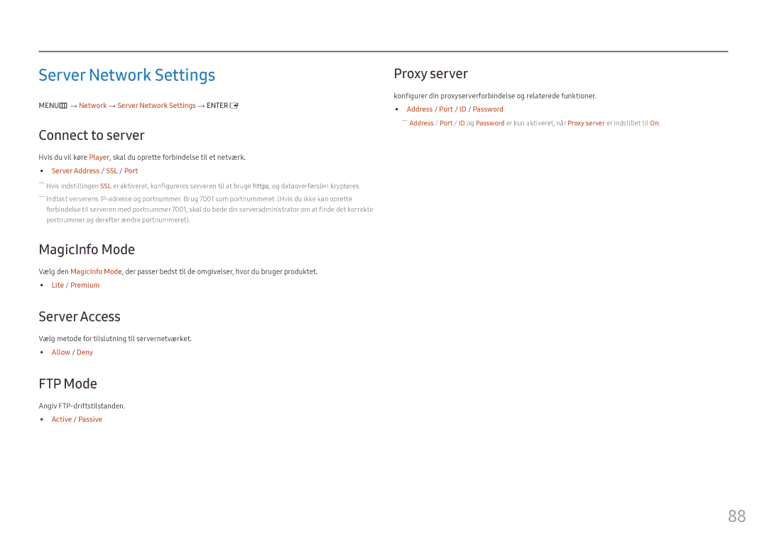 Samsung LH55OHFPVBC/EN, LH55OHFPKBC/EN, LH46OHFPKBC/EN manual Server Network Settings 