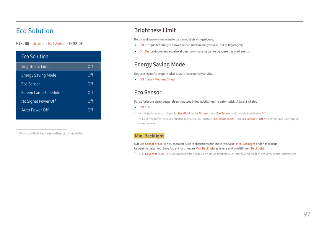 Samsung LH55OHFPVBC/EN, LH55OHFPKBC/EN, LH46OHFPKBC/EN manual Eco Solution, Brightness Limit, Energy Saving Mode, Eco Sensor 