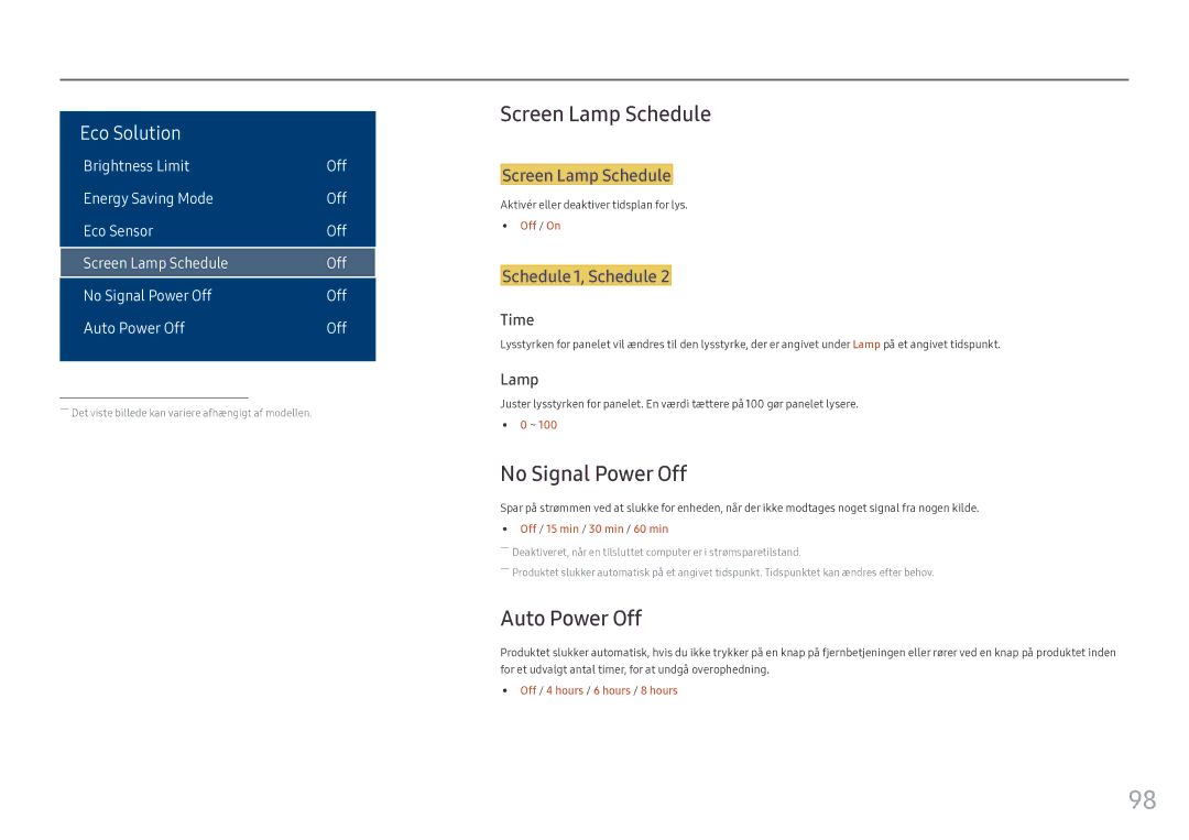 Samsung LH46OHFPKBC/EN, LH55OHFPKBC/EN Screen Lamp Schedule, No Signal Power Off, Auto Power Off, Schedule 1, Schedule 