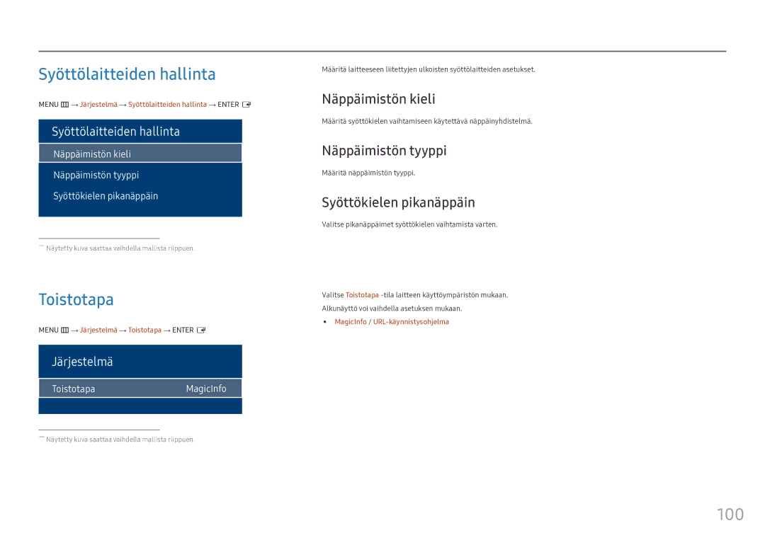 Samsung LH55OHFPVBC/EN, LH55OHFPKBC/EN, LH46OHFPKBC/EN manual Syöttölaitteiden hallinta, Toistotapa, 100 