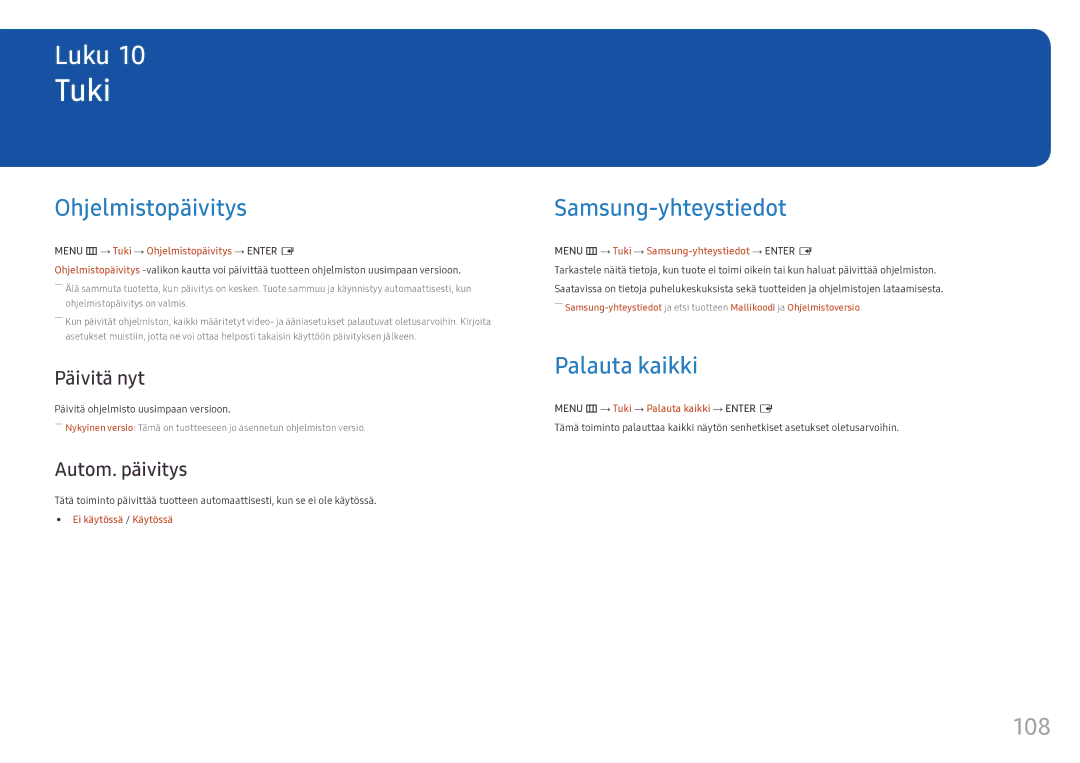 Samsung LH55OHFPKBC/EN, LH55OHFPVBC/EN, LH46OHFPKBC/EN Tuki, Ohjelmistopäivitys, Samsung-yhteystiedot, Palauta kaikki, 108 