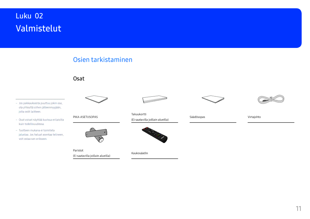 Samsung LH46OHFPKBC/EN, LH55OHFPKBC/EN, LH55OHFPVBC/EN manual Valmistelut, Osien tarkistaminen, Osat 