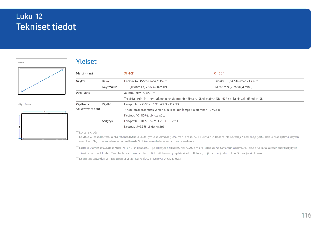 Samsung LH46OHFPKBC/EN, LH55OHFPKBC/EN, LH55OHFPVBC/EN manual Tekniset tiedot, 116, Mallin nimi 