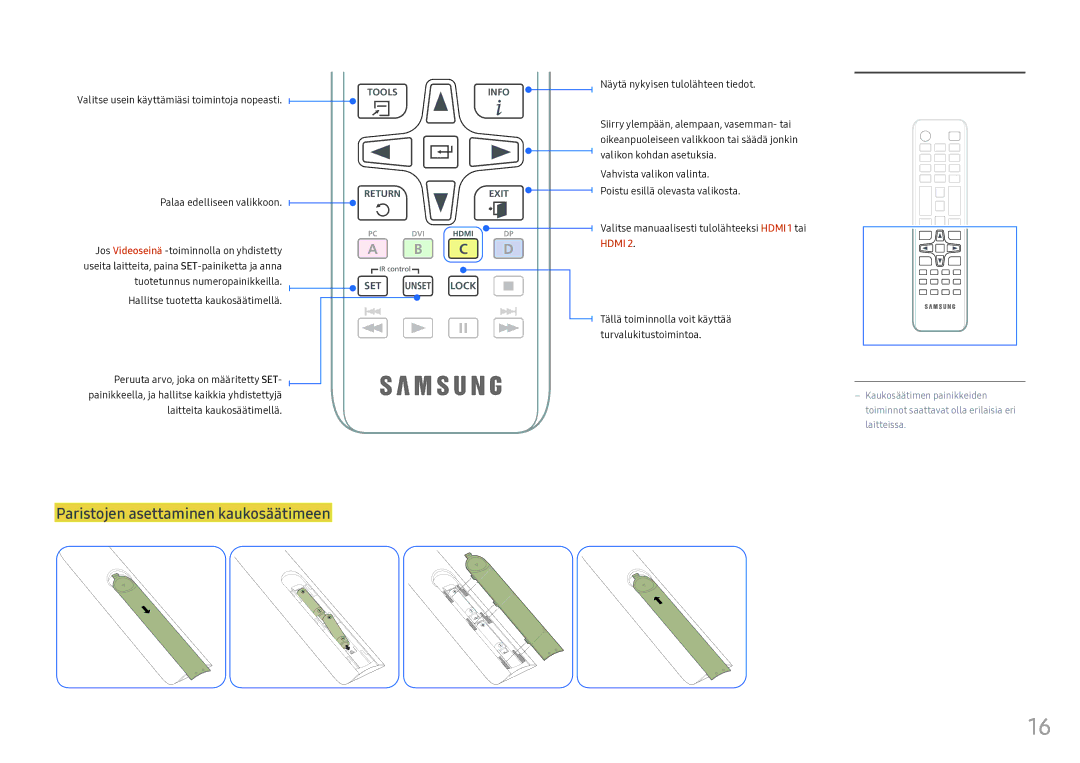 Samsung LH55OHFPVBC/EN, LH55OHFPKBC/EN, LH46OHFPKBC/EN manual Paristojen asettaminen kaukosäätimeen, C D 