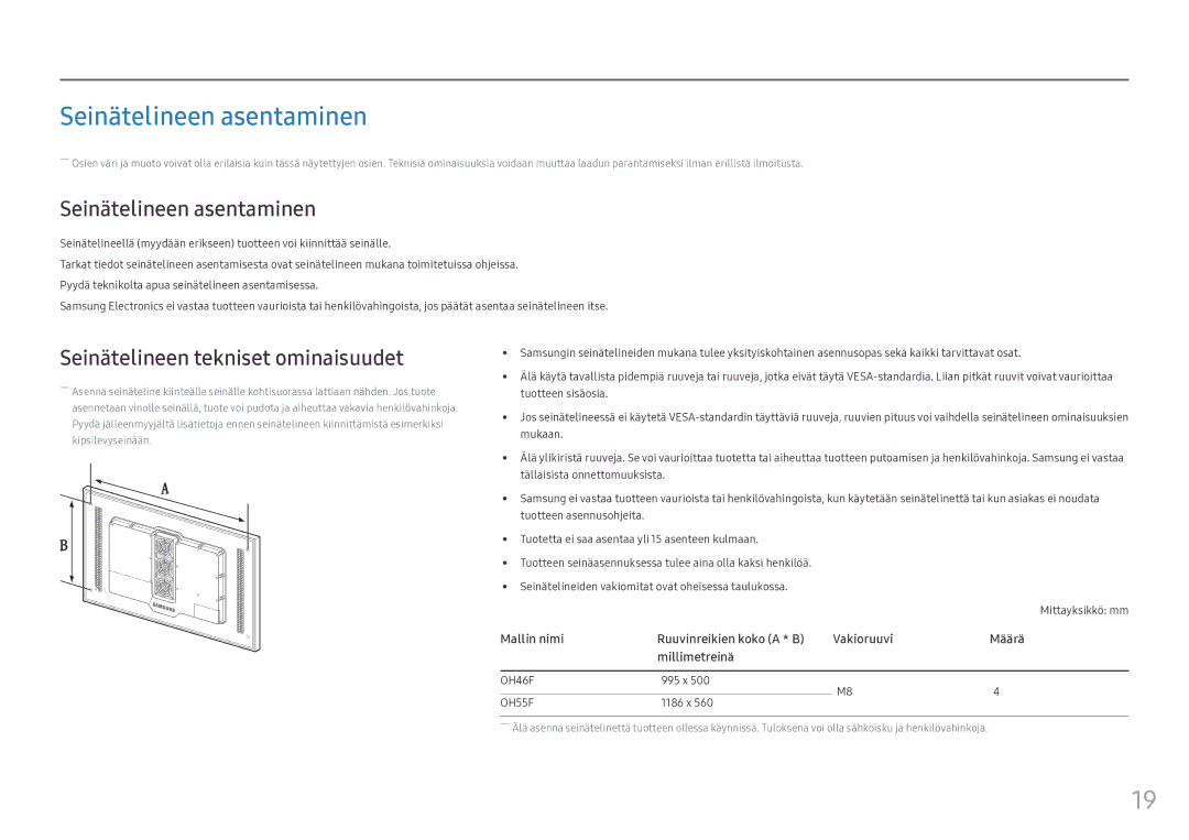 Samsung LH55OHFPVBC/EN, LH55OHFPKBC/EN manual Seinätelineen asentaminen, Seinätelineen tekniset ominaisuudet, Millimetreinä 