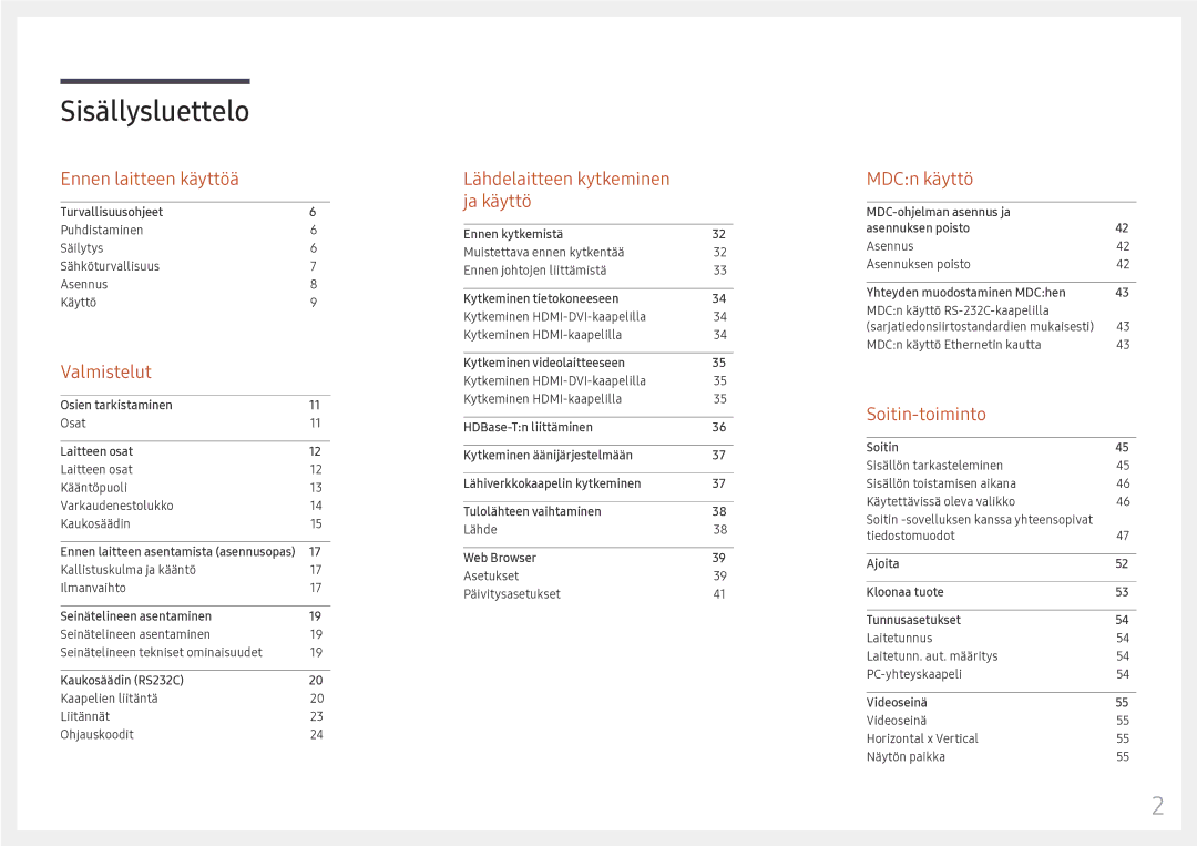 Samsung LH46OHFPKBC/EN, LH55OHFPKBC/EN, LH55OHFPVBC/EN manual Sisällysluettelo 