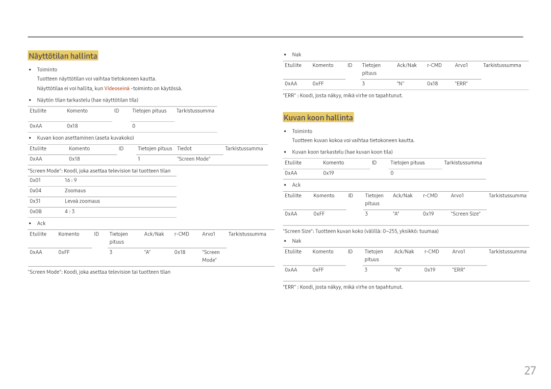 Samsung LH55OHFPKBC/EN, LH55OHFPVBC/EN, LH46OHFPKBC/EN manual Näyttötilan hallinta, Kuvan koon hallinta 