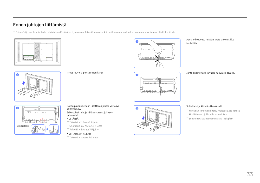 Samsung LH55OHFPKBC/EN, LH55OHFPVBC/EN, LH46OHFPKBC/EN manual Ennen johtojen liittämistä, Liitäntä 