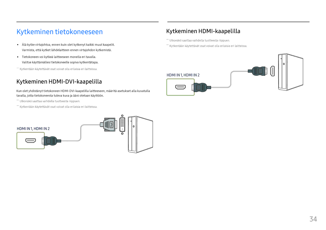 Samsung LH55OHFPVBC/EN manual Kytkeminen tietokoneeseen, Kytkeminen HDMI-DVI-kaapelilla, Kytkeminen HDMI-kaapelilla 