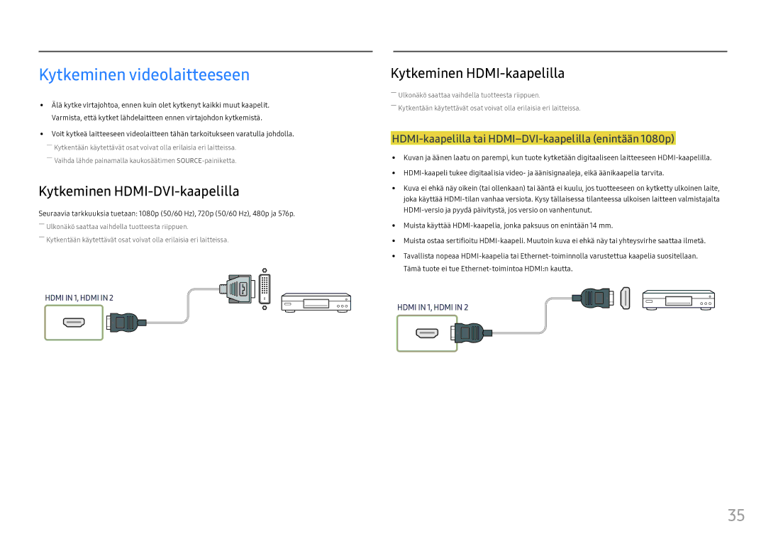 Samsung LH46OHFPKBC/EN, LH55OHFPKBC/EN Kytkeminen videolaitteeseen, HDMI-kaapelilla tai HDMI-DVI-kaapelilla enintään 1080p 