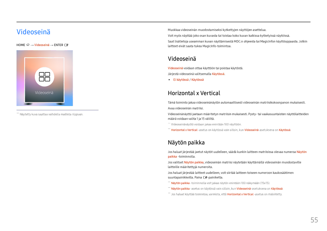 Samsung LH55OHFPVBC/EN, LH55OHFPKBC/EN, LH46OHFPKBC/EN manual Videoseinä, Horizontal x Vertical, Näytön paikka 