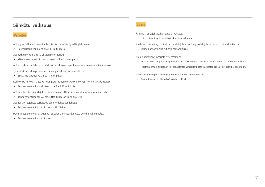 Samsung LH55OHFPVBC/EN, LH55OHFPKBC/EN, LH46OHFPKBC/EN manual Sähköturvallisuus, Varoitus 