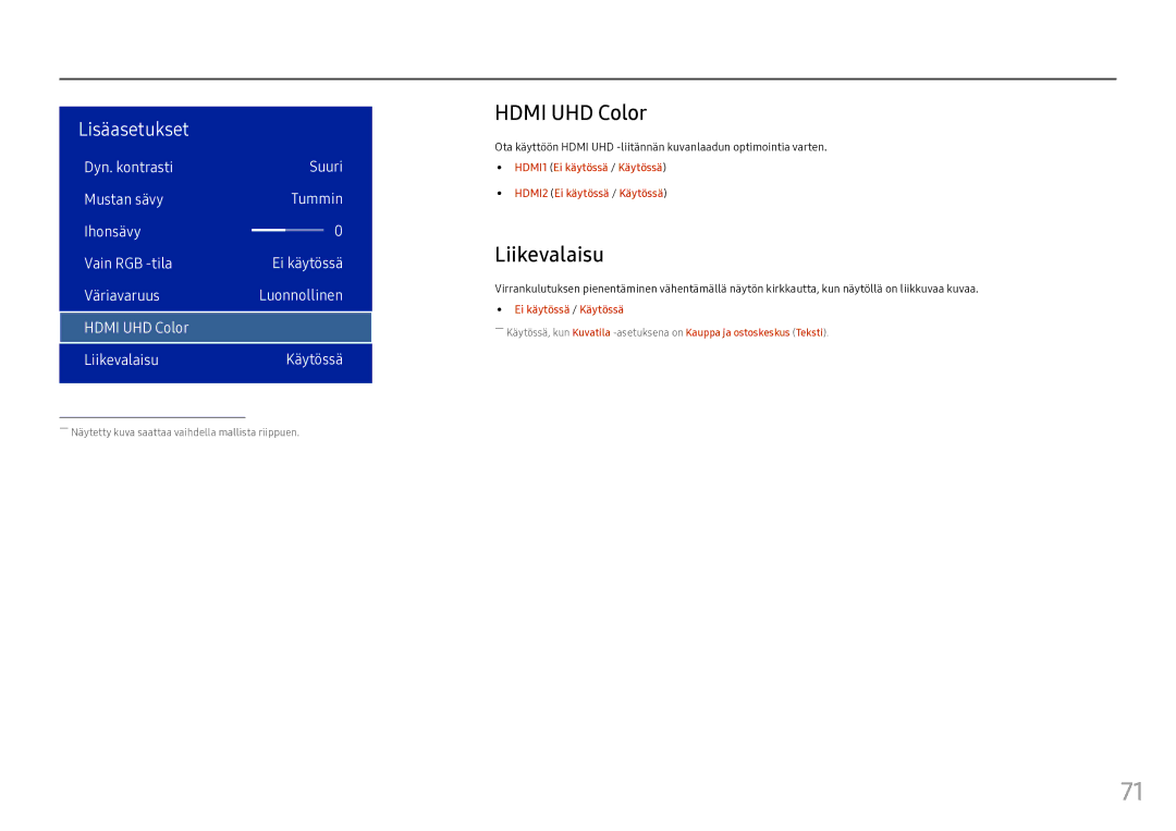 Samsung LH46OHFPKBC/EN manual Hdmi UHD Color, Liikevalaisu, HDMI1 Ei käytössä / Käytössä HDMI2 Ei käytössä / Käytössä 