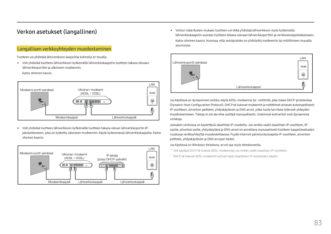 Samsung LH46OHFPKBC/EN, LH55OHFPKBC/EN manual Verkon asetukset langallinen, Langallisen verkkoyhteyden muodostaminen 