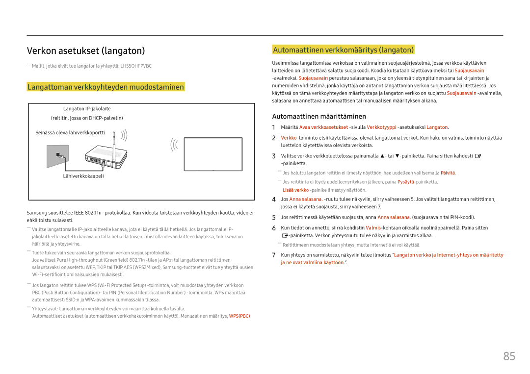 Samsung LH55OHFPVBC/EN, LH55OHFPKBC/EN, LH46OHFPKBC/EN manual Verkon asetukset langaton 