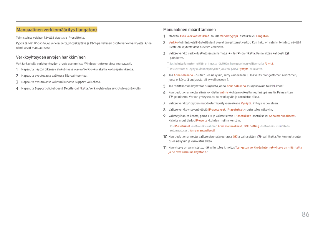 Samsung LH46OHFPKBC/EN, LH55OHFPKBC/EN, LH55OHFPVBC/EN manual Manuaalinen verkkomääritys langaton 