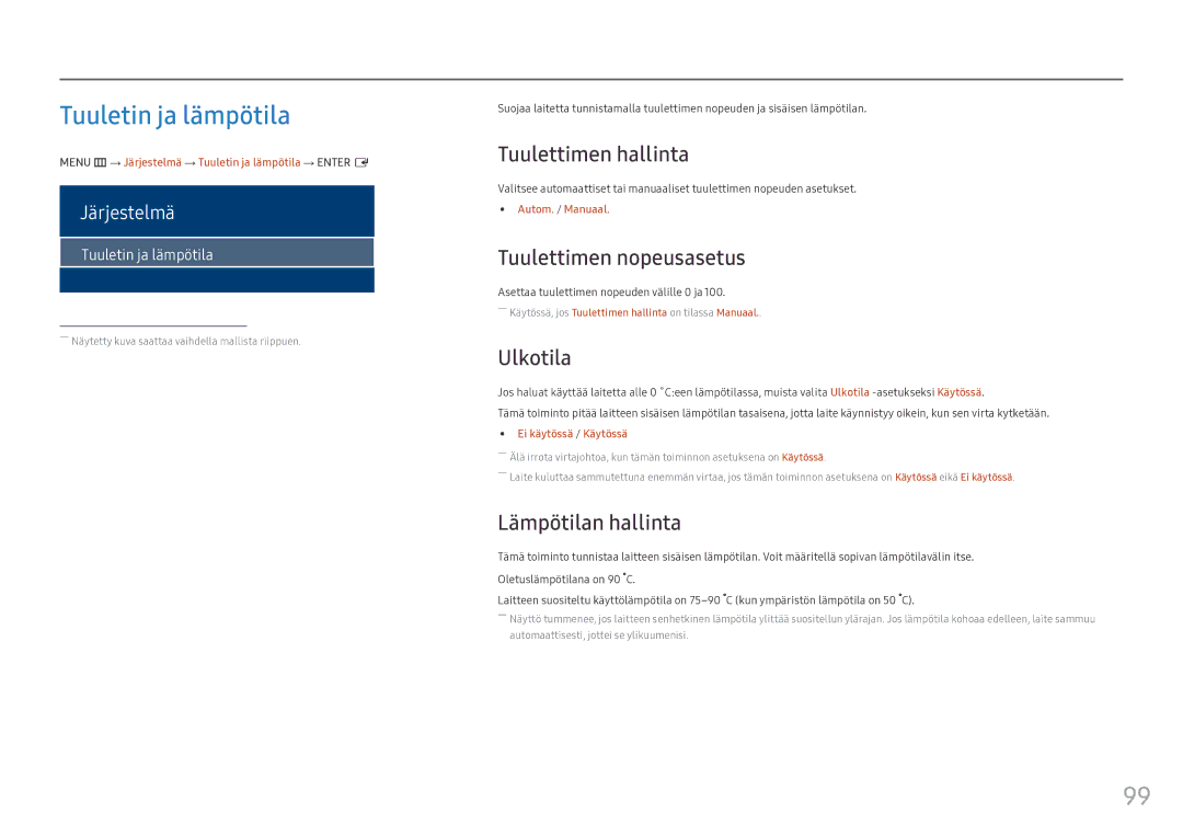 Samsung LH55OHFPKBC/EN, LH55OHFPVBC/EN Tuuletin ja lämpötila, Tuulettimen hallinta, Tuulettimen nopeusasetus, Ulkotila 