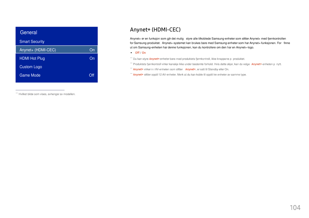 Samsung LH46OHFPKBC/EN, LH55OHFPKBC/EN, LH55OHFPVBC/EN manual 104, Anynet+ HDMI-CEC 