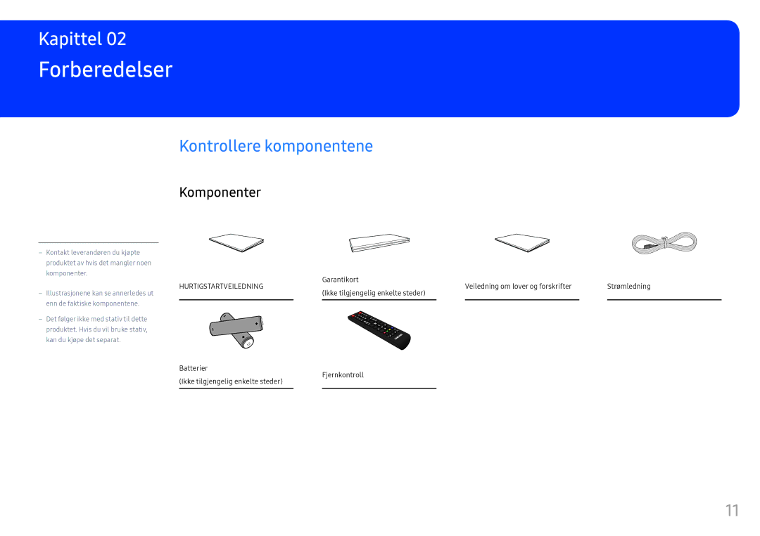 Samsung LH46OHFPKBC/EN, LH55OHFPKBC/EN, LH55OHFPVBC/EN manual Forberedelser, Kontrollere komponentene, Komponenter 