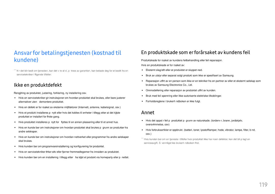 Samsung LH46OHFPKBC/EN, LH55OHFPKBC/EN, LH55OHFPVBC/EN manual Tillegg, Ansvar for betalingstjenesten kostnad til kundene, 119 