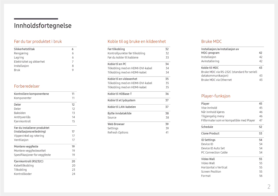 Samsung LH46OHFPKBC/EN, LH55OHFPKBC/EN, LH55OHFPVBC/EN manual Innholdsfortegnelse 