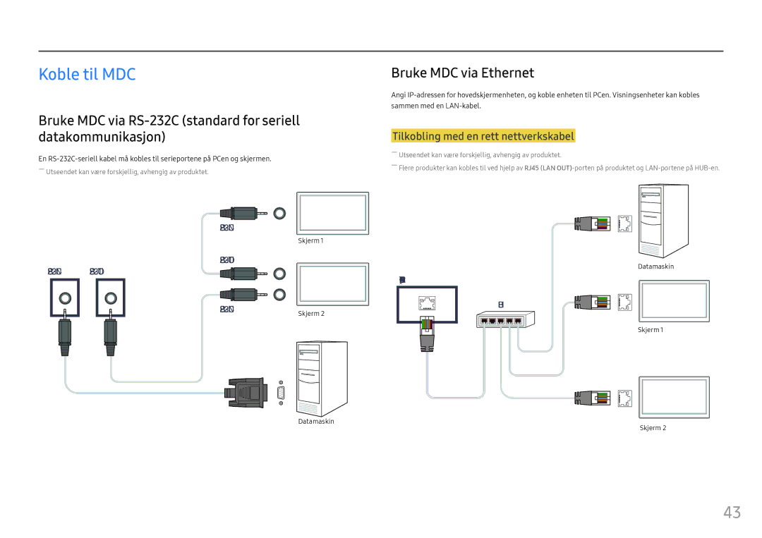 Samsung LH55OHFPVBC/EN, LH55OHFPKBC/EN manual Koble til MDC, Bruke MDC via Ethernet, Tilkobling med en rett nettverkskabel 