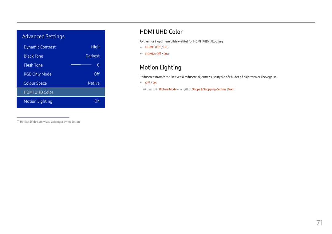 Samsung LH46OHFPKBC/EN, LH55OHFPKBC/EN, LH55OHFPVBC/EN manual Hdmi UHD Color, Motion Lighting, HDMI1 Off / On HDMI2 Off / On 