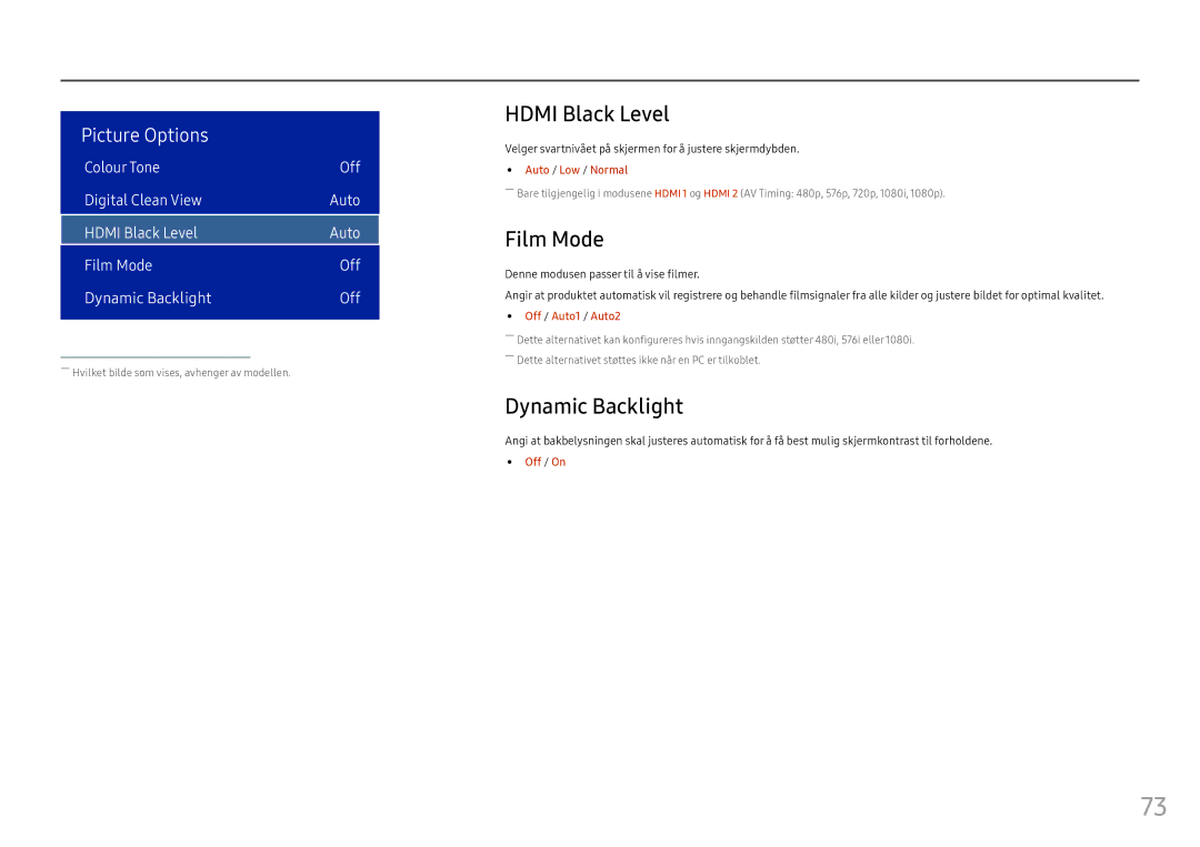 Samsung LH55OHFPVBC/EN manual Hdmi Black Level, Film Mode, Dynamic Backlight, Auto / Low / Normal, Off / Auto1 / Auto2 