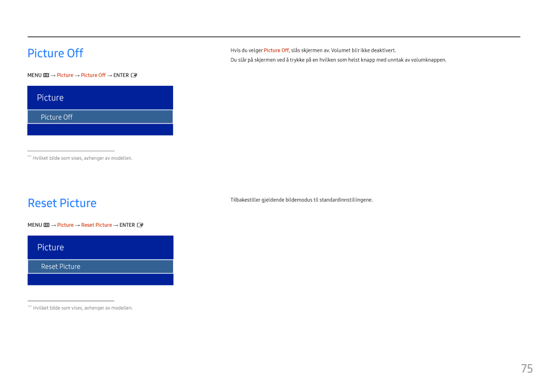 Samsung LH55OHFPKBC/EN, LH55OHFPVBC/EN, LH46OHFPKBC/EN manual Picture Off, Reset Picture 