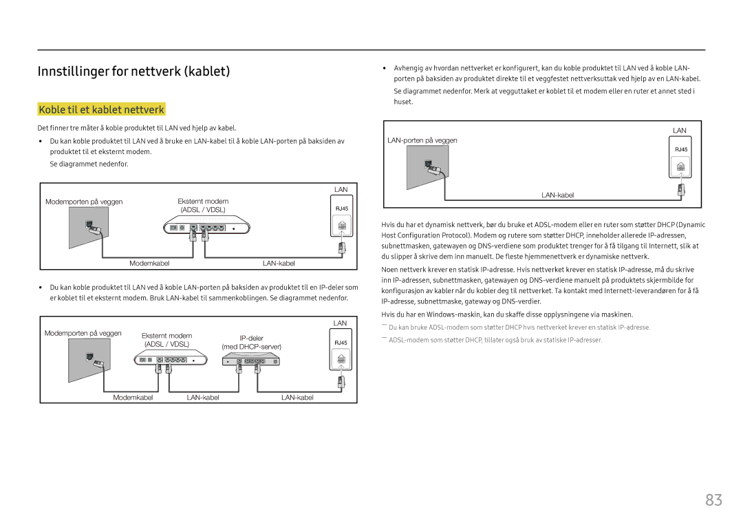 Samsung LH46OHFPKBC/EN, LH55OHFPKBC/EN, LH55OHFPVBC/EN manual Innstillinger for nettverk kablet, Koble til et kablet nettverk 