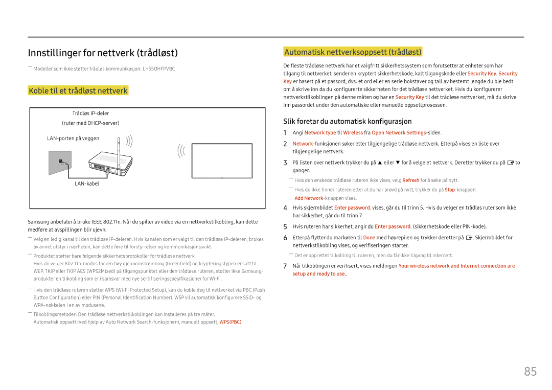 Samsung LH55OHFPVBC/EN, LH55OHFPKBC/EN, LH46OHFPKBC/EN manual Innstillinger for nettverk trådløst, Tilgjengelige nettverk 