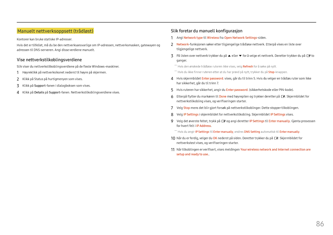 Samsung LH46OHFPKBC/EN, LH55OHFPKBC/EN, LH55OHFPVBC/EN manual Manuelt nettverksoppsett trådløst 