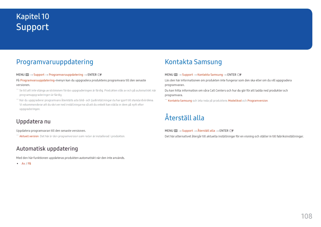 Samsung LH55OHFPKBC/EN, LH55OHFPVBC/EN manual Support, Programvaruuppdatering, Kontakta Samsung, Återställ alla, 108 