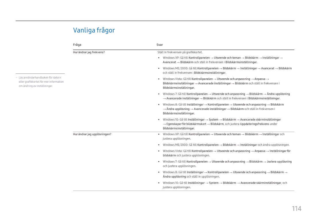 Samsung LH55OHFPKBC/EN, LH55OHFPVBC/EN, LH46OHFPKBC/EN manual Vanliga frågor, 114, Fråga Svar 