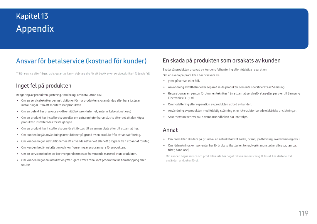 Samsung LH46OHFPKBC/EN, LH55OHFPKBC/EN, LH55OHFPVBC/EN manual Appendix, Ansvar för betalservice kostnad för kunder, 119 