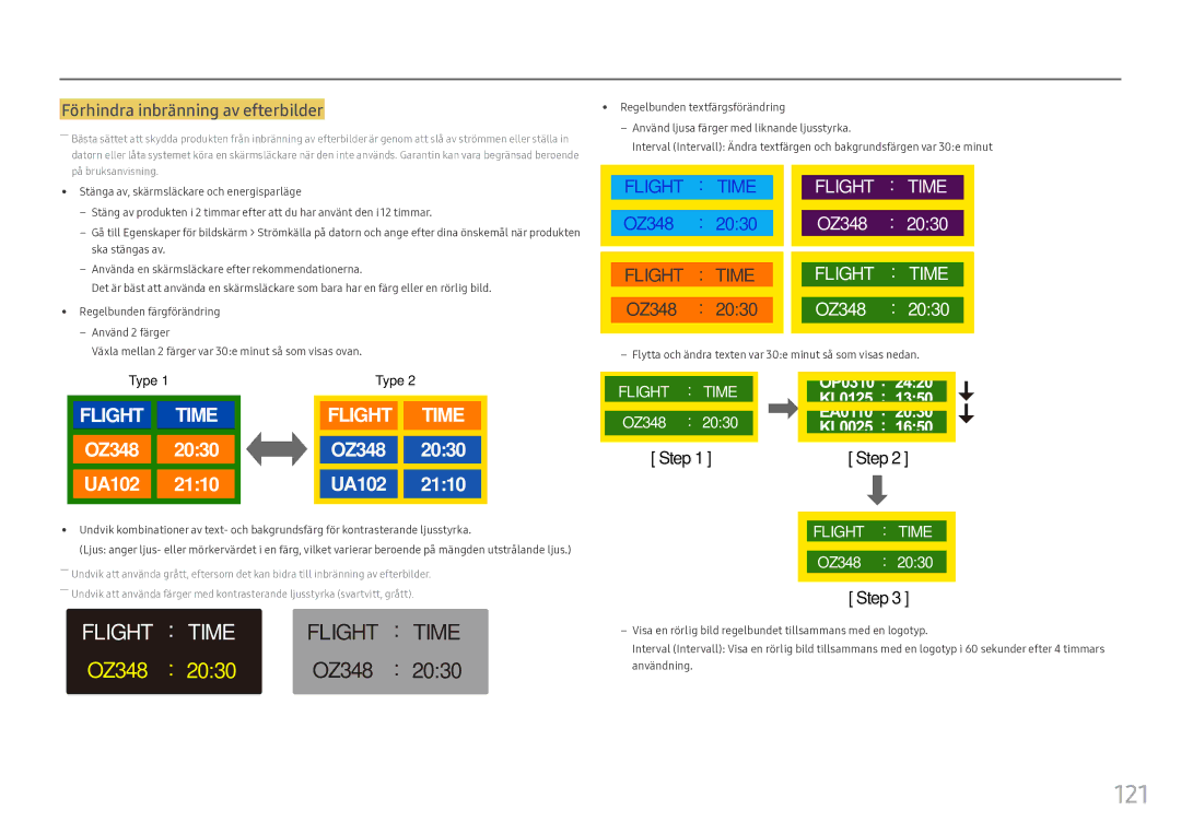 Samsung LH55OHFPVBC/EN, LH55OHFPKBC/EN, LH46OHFPKBC/EN manual 121, Förhindra inbränning av efterbilder 